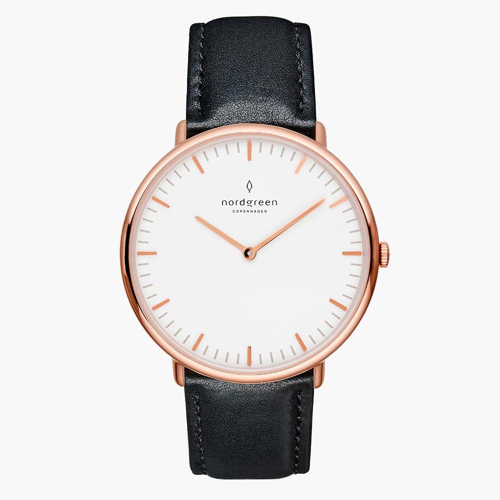 Nordgreen Native rose guld med sort læderrem